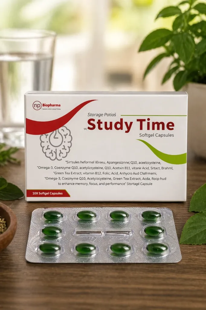 Study Time Softgel Capsules | Memory Booster for Students & Adults | Supports Brain Health, Focus & Concentration | With Omega-3, CoQ10 & Green Tea Extract | 10 Capsules